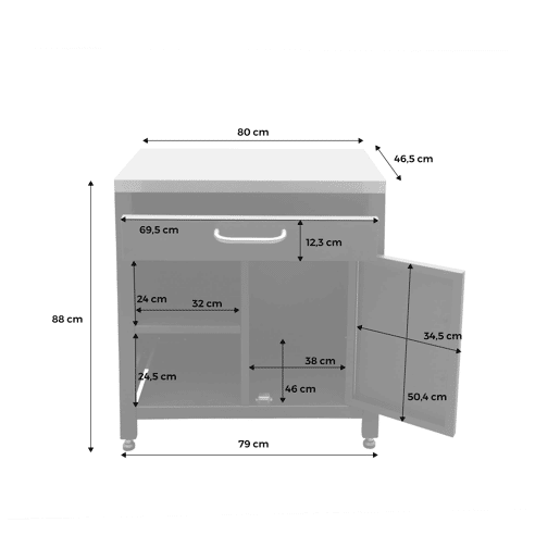 Cozinha exterior em aço 1 gaveta e 1 porta, 80cm, Grimaud, Preto, 52.5x80x87 cm