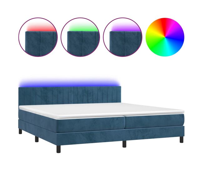 Cama box spring colchón y led terciopelo azul oscuro 200x200 cm rayas verticales