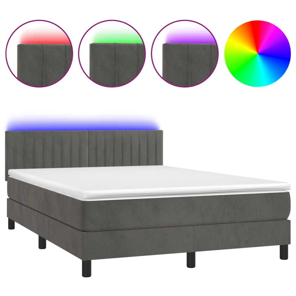 Cama box spring colchón y led terciopelo gris oscuro 140x200 cm rayas verticales