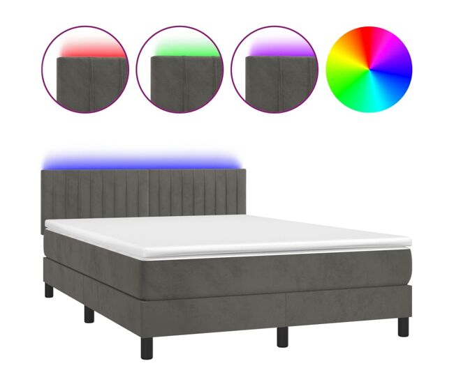 Cama box spring colchón y led terciopelo gris oscuro 140x200 cm rayas verticales