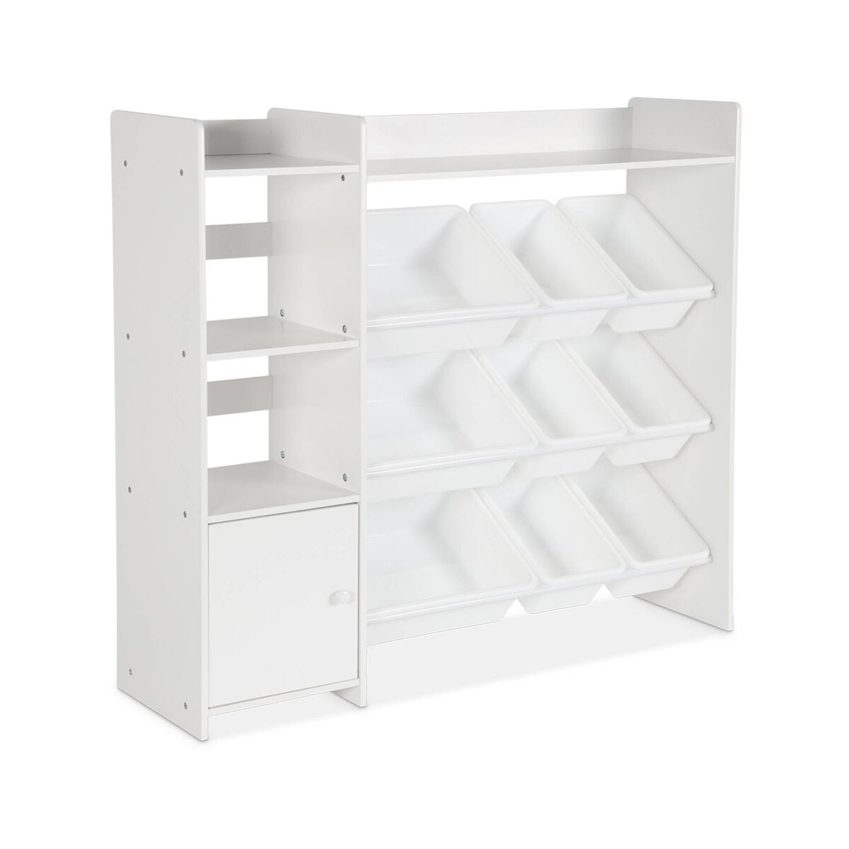 Mueble para niños con 9 cubos, 4 estantes y 1 puerta, sora, blanco, 111.8x29.7x100 cm