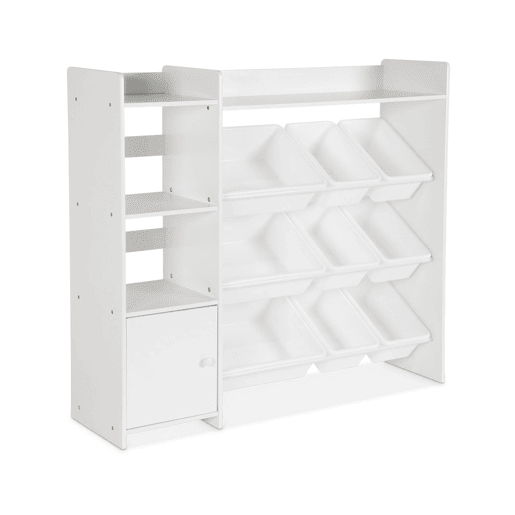 Arrumação para crianças com 9 caixas de arrumação, 4 prateleiras, 1 porta, Sora, Branco, 111.8x29.7x100 cm