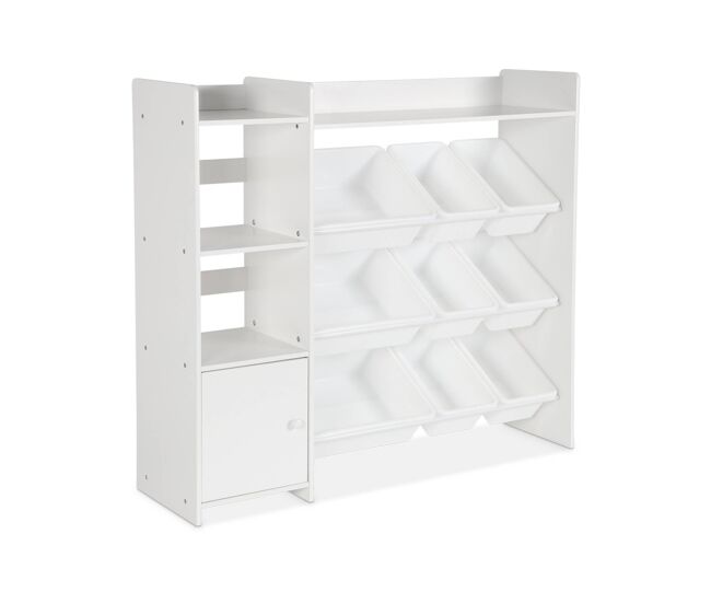 Mueble para niños con 9 cubos, 4 estantes y 1 puerta, sora, blanco, 111.8x29.7x100 cm