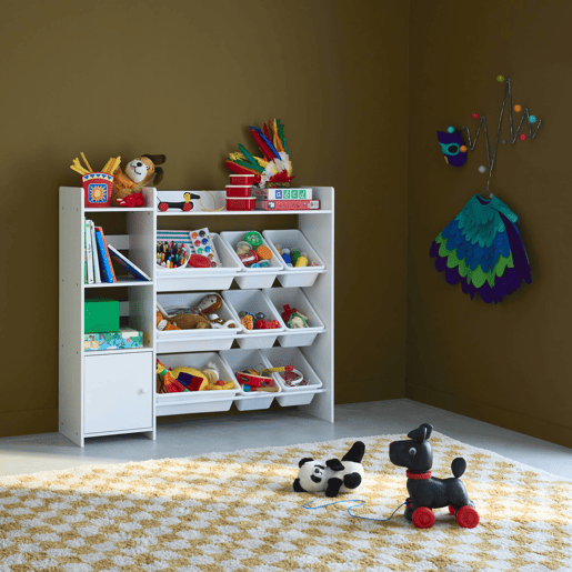 Arrumação para crianças com 9 caixas de arrumação, 4 prateleiras, 1 porta, Sora, Branco, 111.8x29.7x100 cm