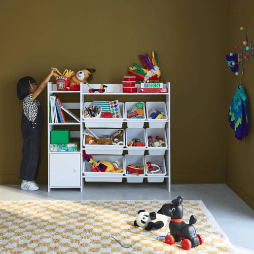Arrumação para crianças com 9 caixas de arrumação, 4 prateleiras, 1 porta, Sora, Branco, 111.8x29.7x100 cm