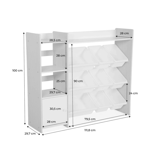 Arrumação para crianças com 9 caixas de arrumação, 4 prateleiras, 1 porta, Sora, Branco, 111.8x29.7x100 cm