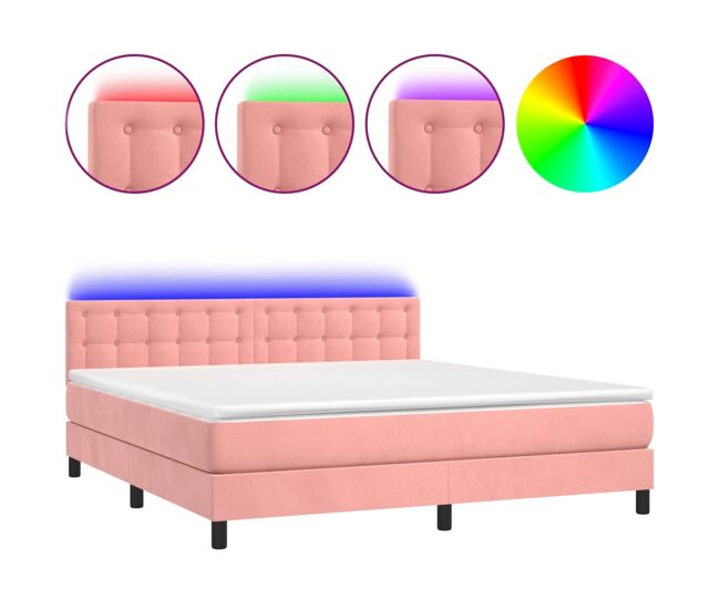 Cama box spring colchón y led terciopelo rosa 160x200 cm botones