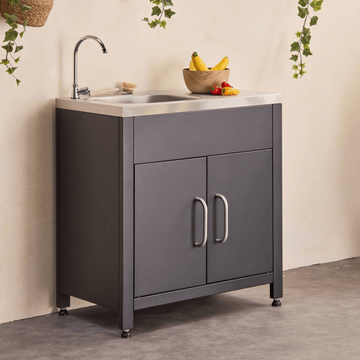 Cozinha exterior em aço com lava-loiça, 80cm, Grimaud, Preto, 52.5x80x114 cm