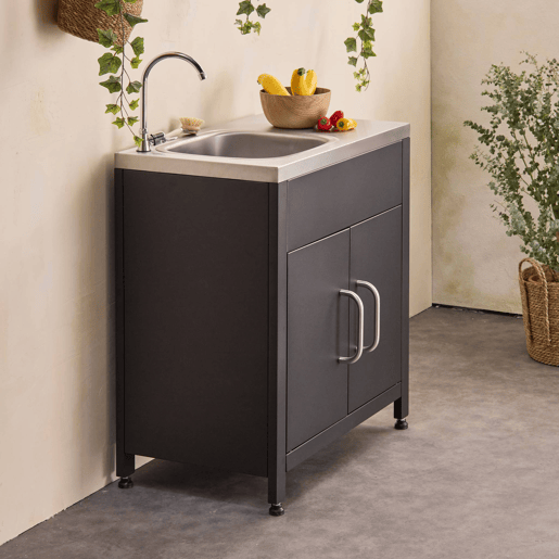 Cozinha exterior em aço com lava-loiça, 80cm, Grimaud, Preto, 52.5x80x114 cm