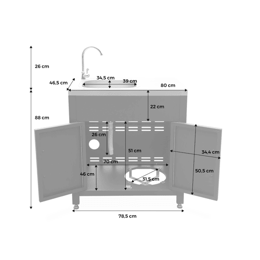 Cozinha exterior em aço com lava-loiça, 80cm, Grimaud, Preto, 52.5x80x114 cm