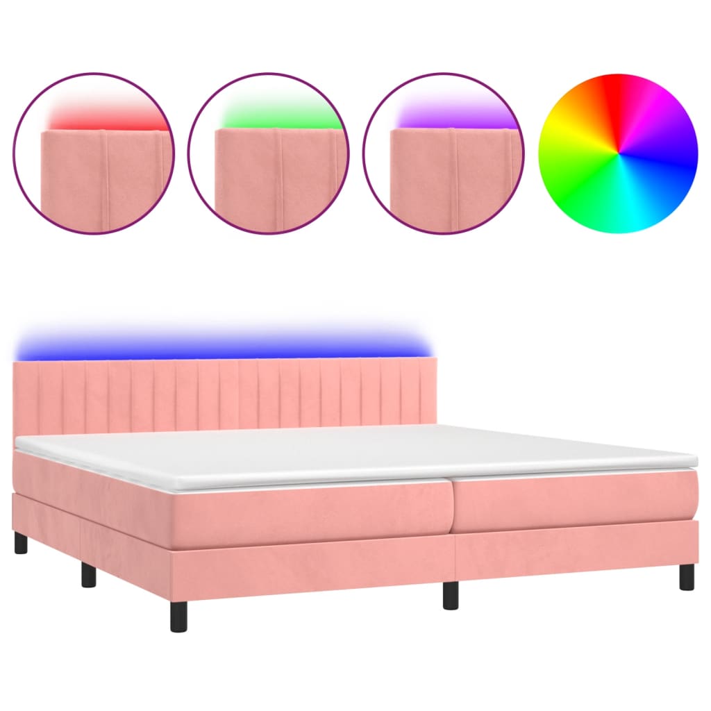 Cama box spring colchón y led terciopelo rosa 200x200 cm rayas verticales