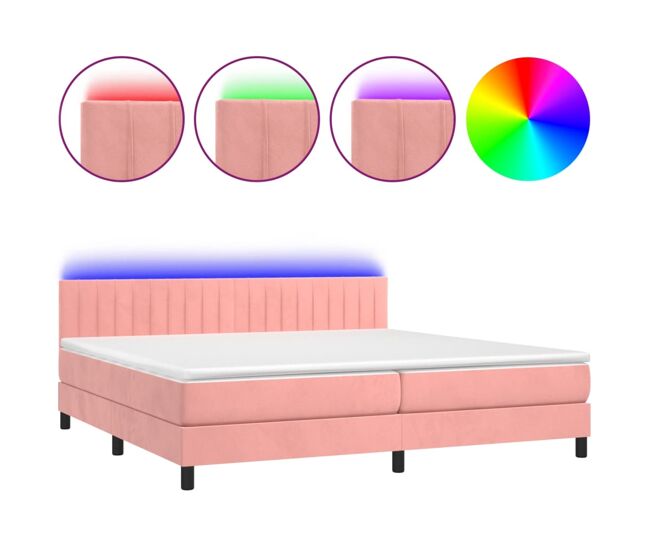 Cama box spring colchón y led terciopelo rosa 200x200 cm rayas verticales