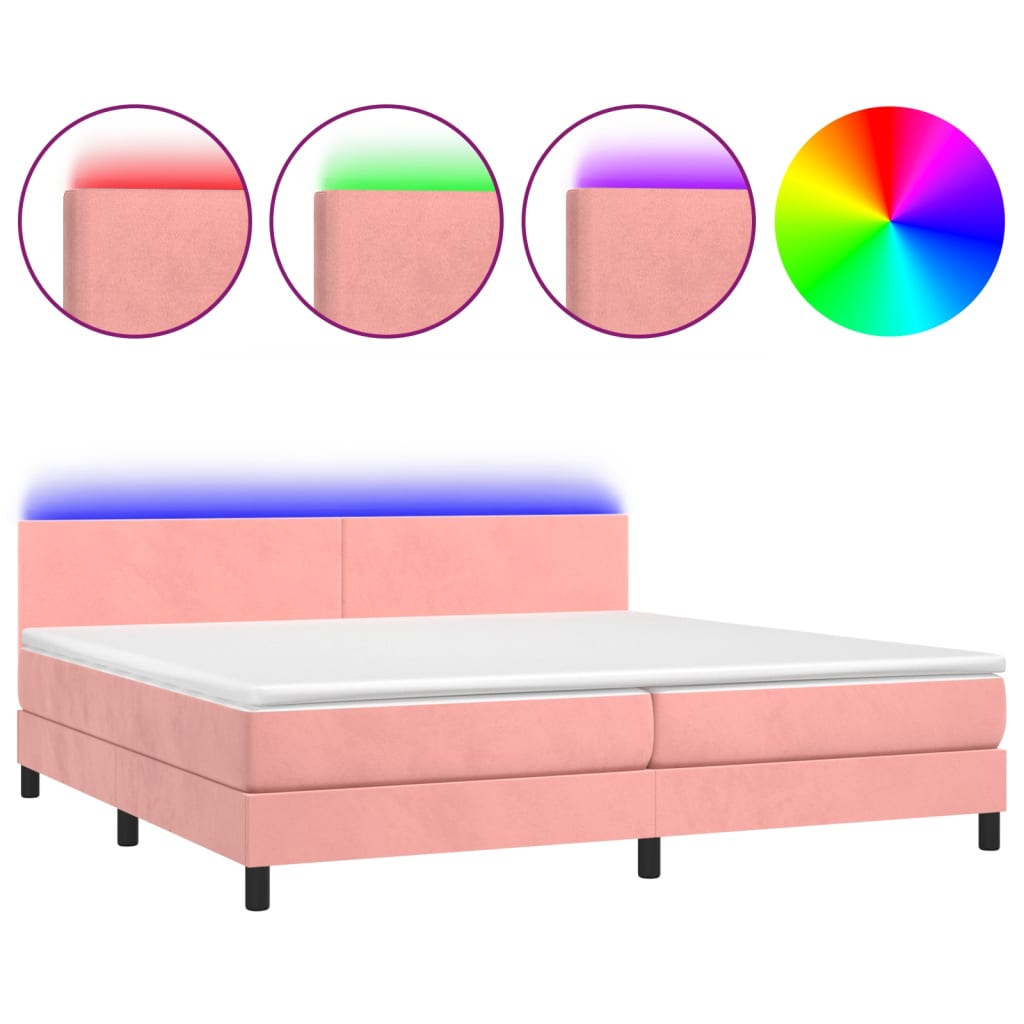 Cama box spring colchón y led terciopelo rosa 200x200 cm diseño plano