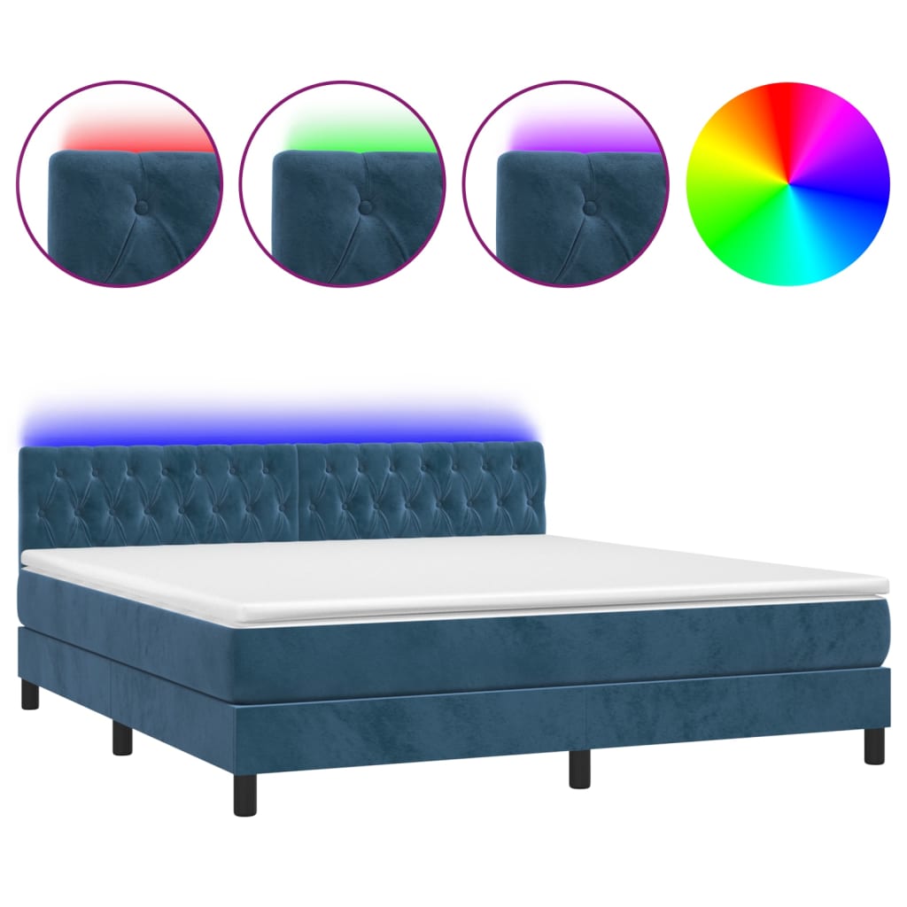 Cama box spring colchón y led terciopelo azul oscuro 160x200 cm diseño de botones