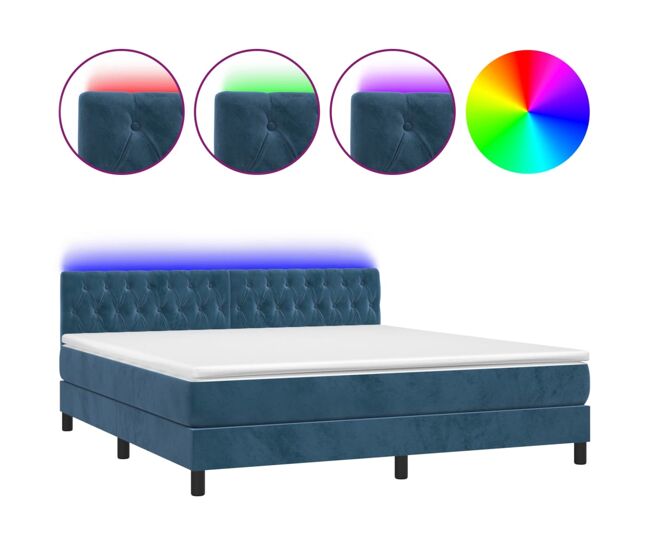 Cama box spring colchón y led terciopelo azul oscuro 160x200 cm diseño de botones