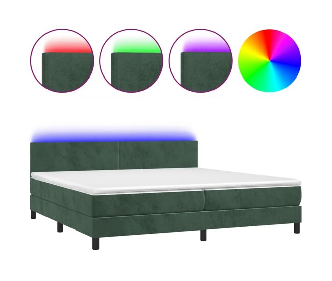Cama box spring colchón y led terciopelo verde oscuro 200x200cm diseño plano