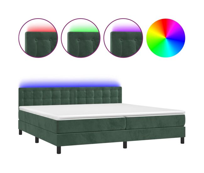 Cama box spring colchón y led terciopelo verde oscuro 200x200cm botones