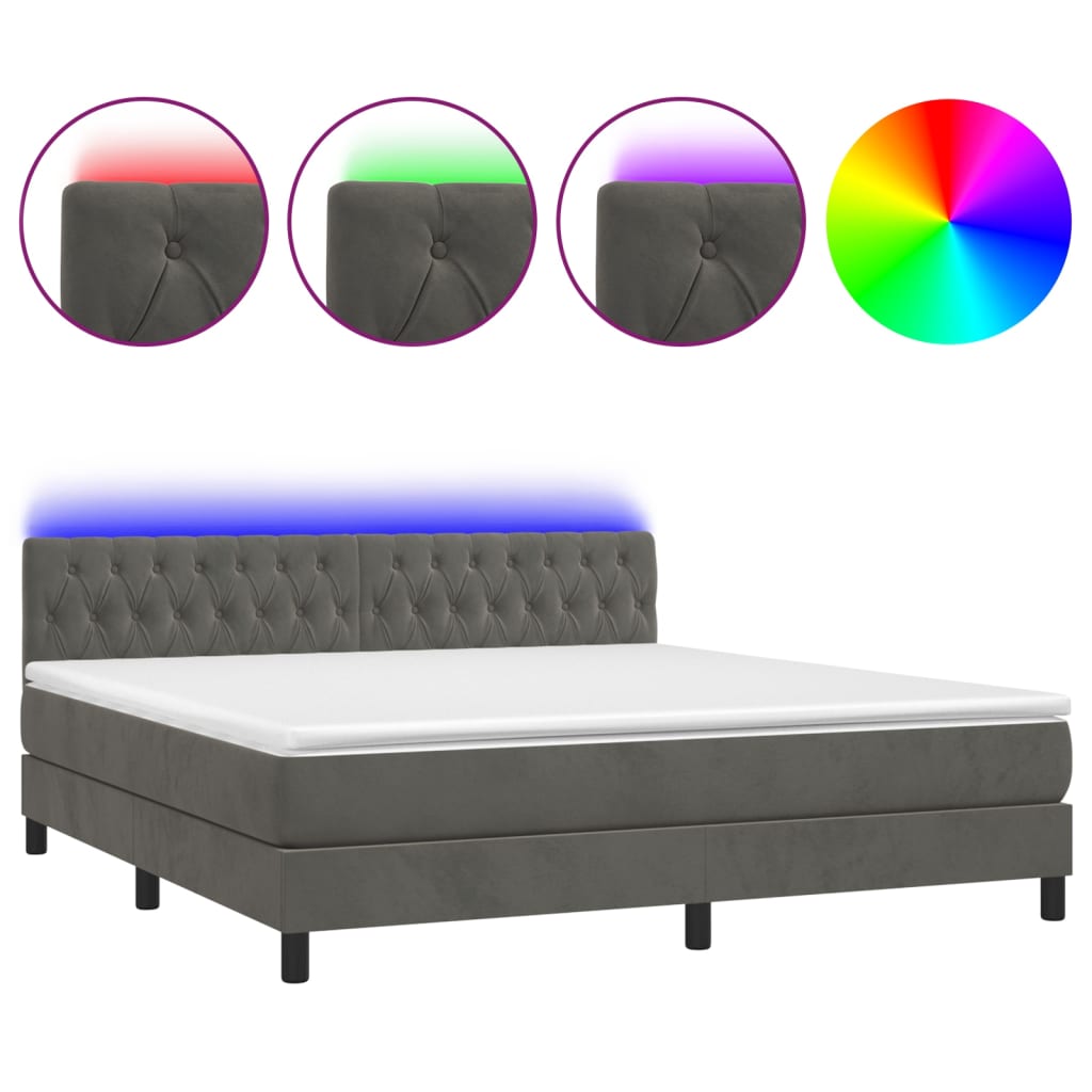 Cama box spring colchón y led terciopelo gris oscuro 180x200 cm diseño de botones
