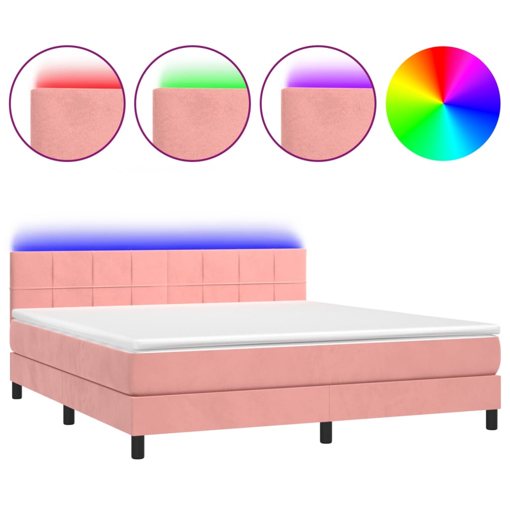 Cama box spring colchón y led terciopelo rosa 160x200 cm bloques con cuadros