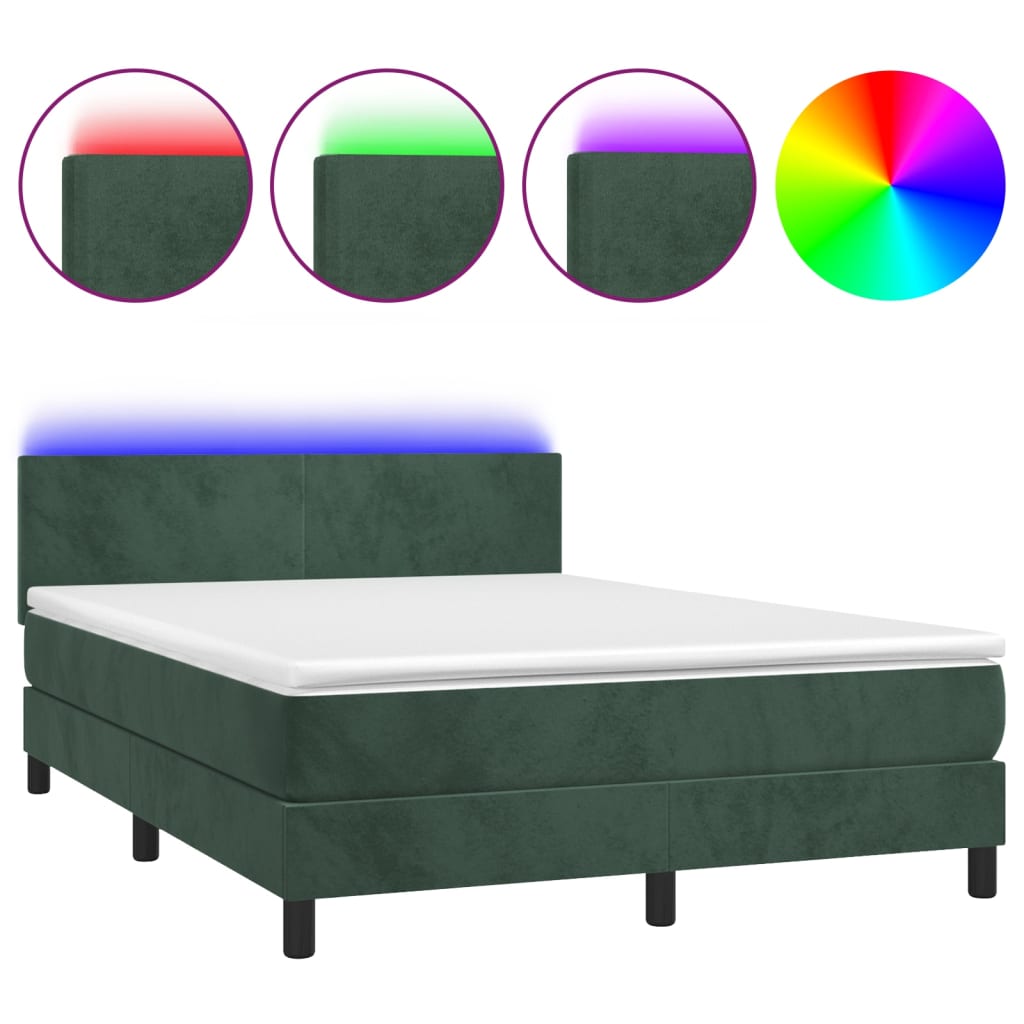 Cama box spring colchón y led terciopelo verde oscuro 140x200cm diseño plano