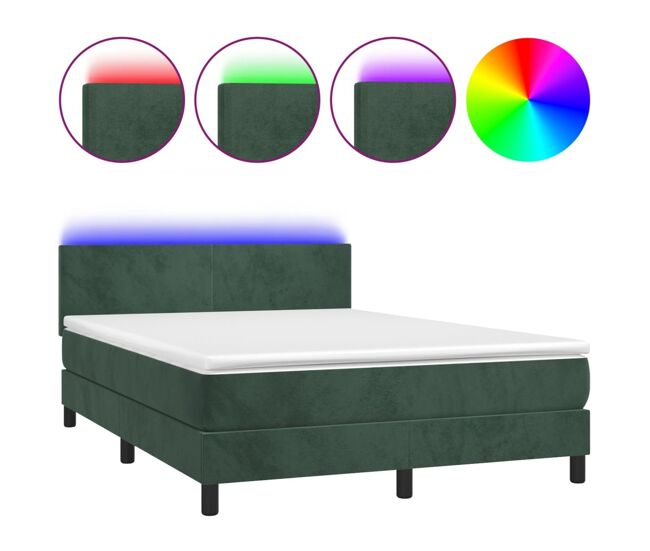 Cama box spring colchón y led terciopelo verde oscuro 140x200cm diseño plano
