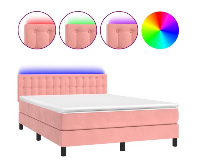 Cama box spring colchón y led terciopelo rosa 140x200 cm botones