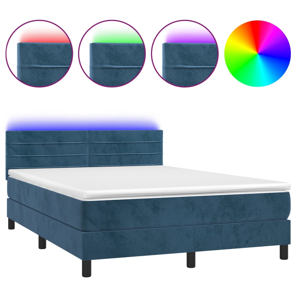 Cama box spring colchón y led terciopelo azul oscuro 140x200 cm rayas horizontales