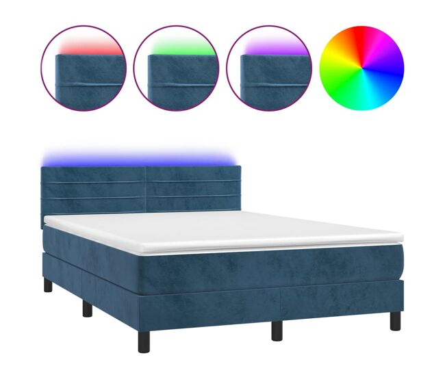 Cama box spring colchón y led terciopelo azul oscuro 140x200 cm rayas horizontales