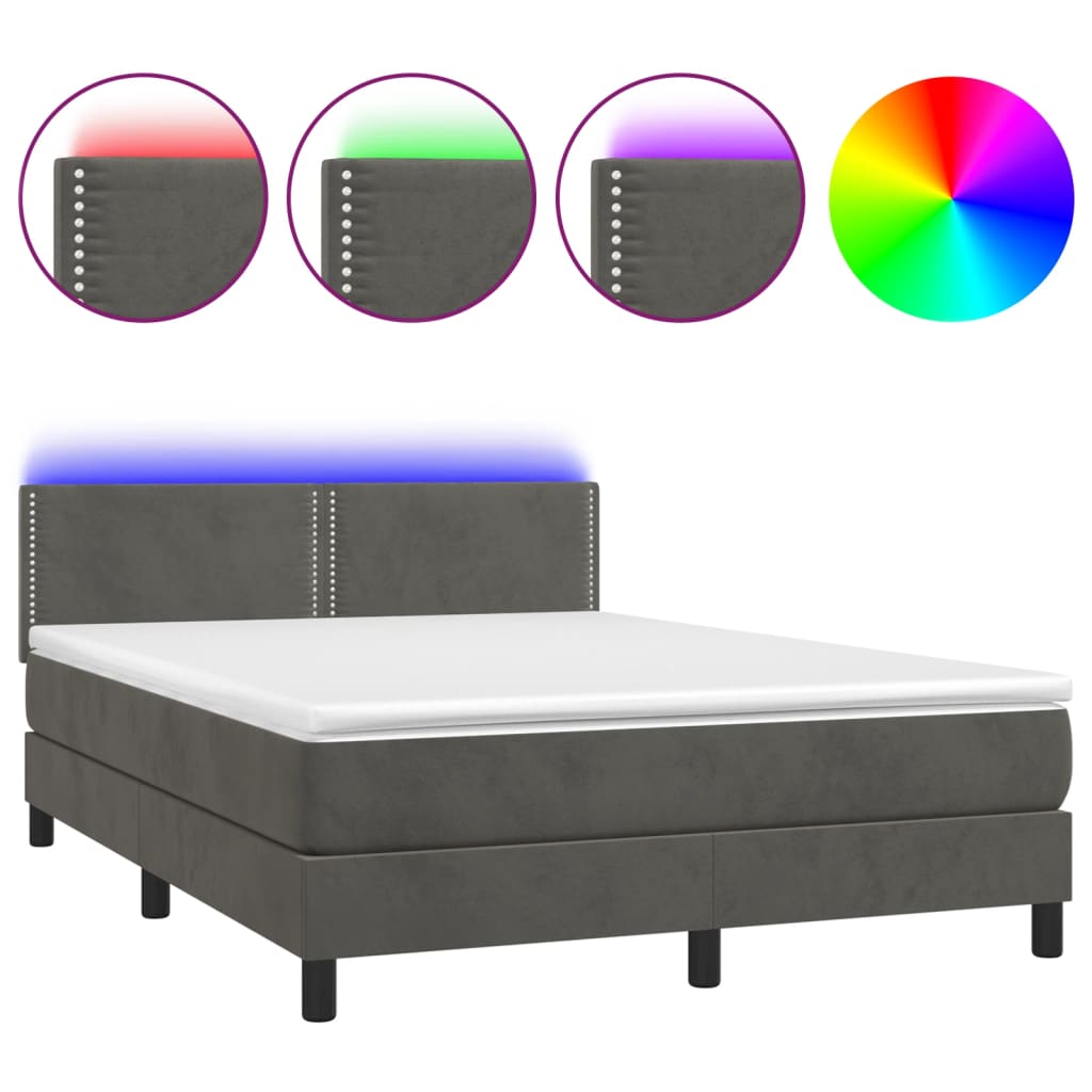 Cama box spring colchón y led terciopelo gris oscuro 140x190 cm liso con clavos