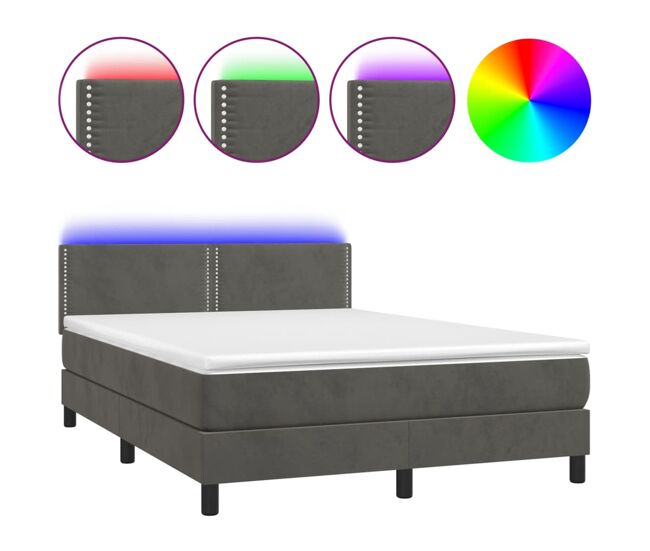 Cama box spring colchón y led terciopelo gris oscuro 140x190 cm liso con clavos