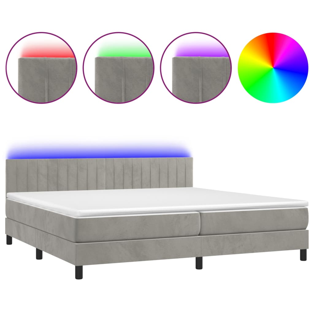 Cama box spring colchón y led terciopelo gris claro 200x200 cm rayas verticales