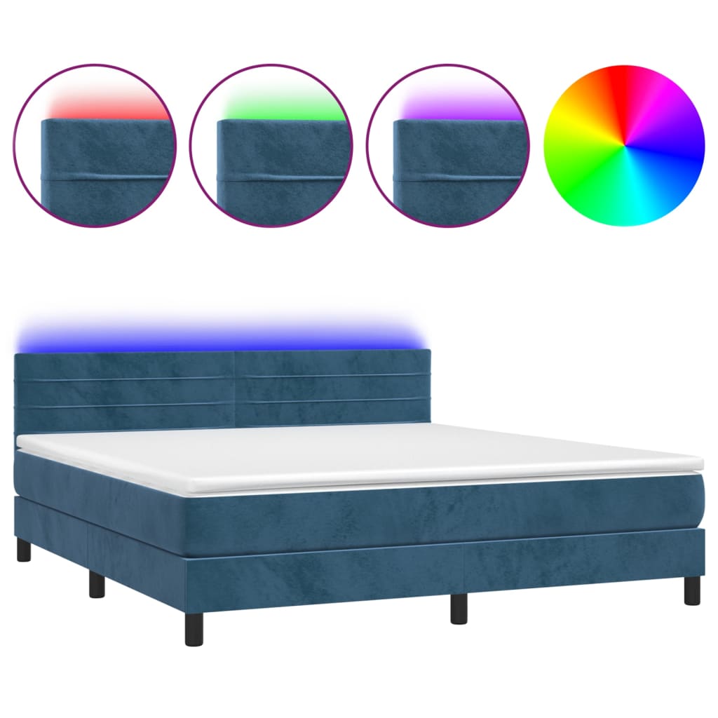 Cama box spring colchón y led terciopelo azul oscuro 180x200 cm rayas horizontales