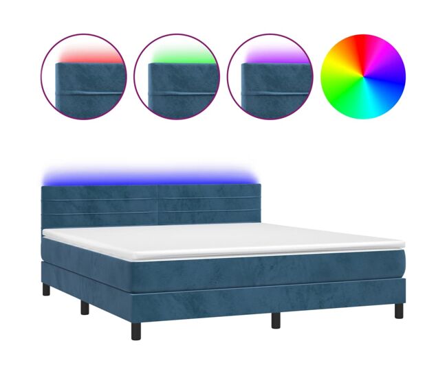 Cama box spring colchón y led terciopelo azul oscuro 180x200 cm rayas horizontales
