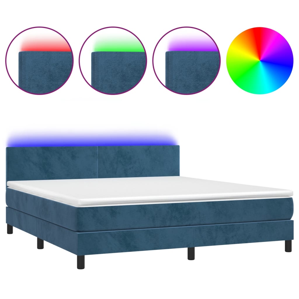 Cama box spring colchón y led terciopelo azul oscuro 160x200 cm diseño plano