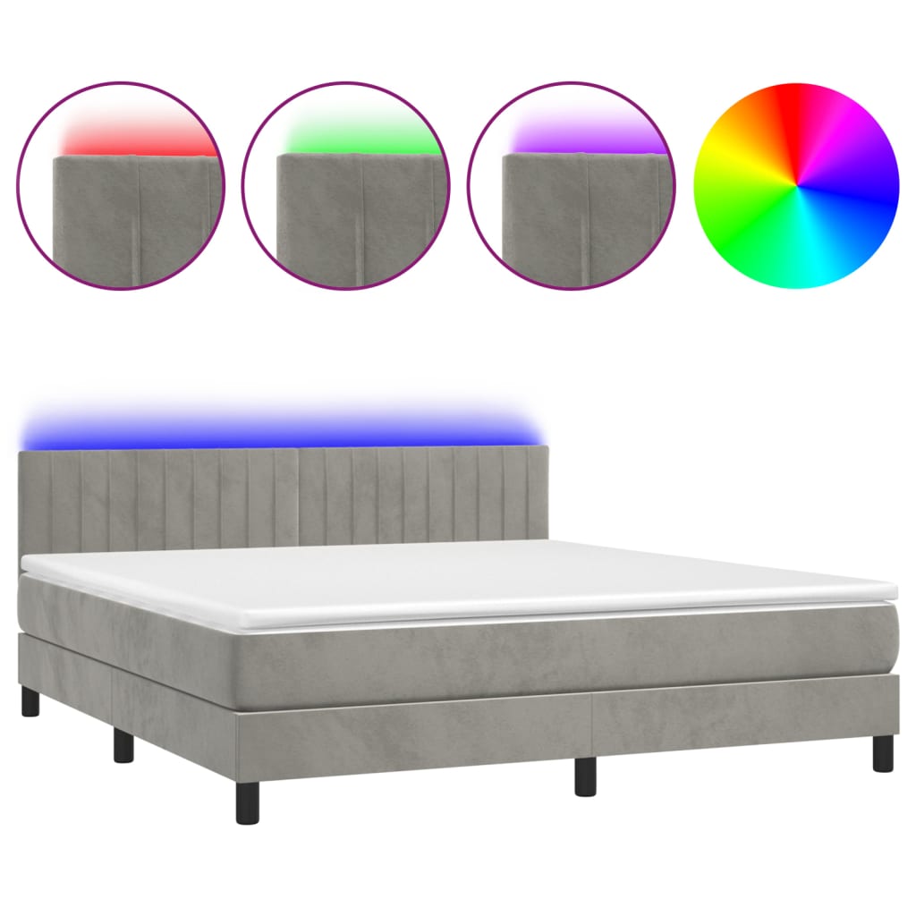 Cama box spring colchón y led terciopelo gris claro 180x200 cm rayas verticales