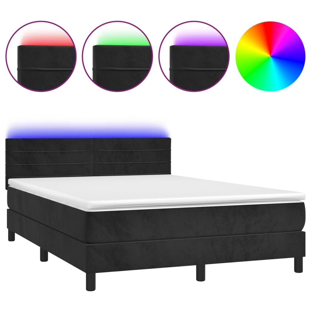 Cama box spring colchón y led terciopelo negro 140x190 cm rayas horizontales