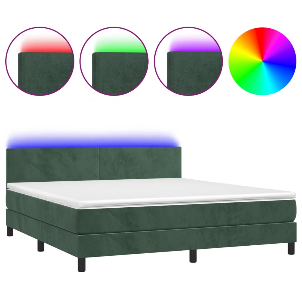 Cama box spring colchón y led terciopelo verde oscuro 160x200cm diseño plano