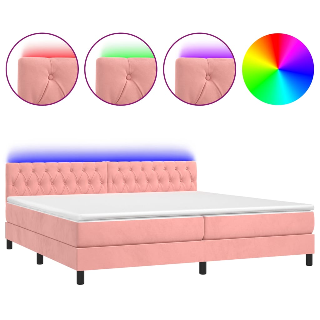 Cama box spring colchón y led terciopelo rosa 200x200 cm diseño de botones
