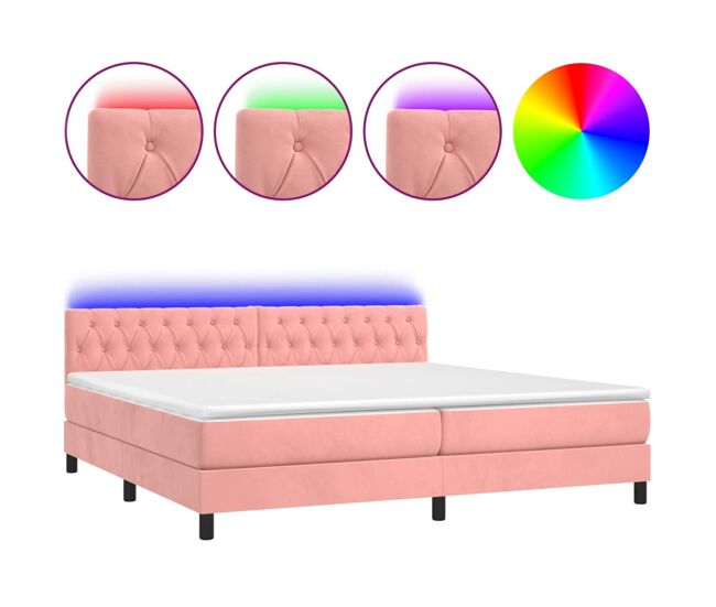 Cama box spring colchón y led terciopelo rosa 200x200 cm diseño de botones