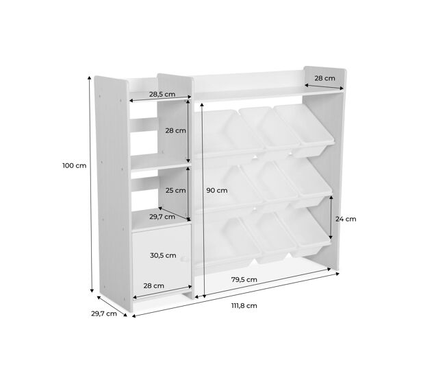 Mueble para niños con 9 cubos, 4 estantes y 1 puerta, sora, natural, 111.8x29.7x100 cm