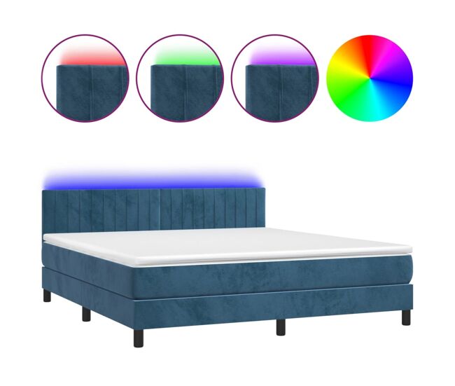 Cama box spring colchón y led terciopelo azul oscuro 160x200 cm rayas verticales