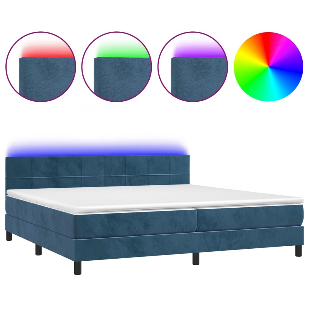 Cama box spring colchón y led terciopelo azul oscuro 200x200 cm bloques con cuadros