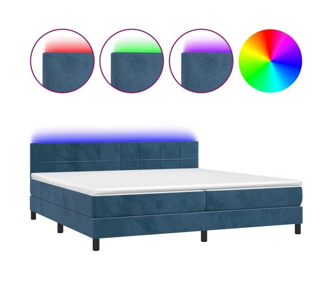 Cama box spring colchón y led terciopelo azul oscuro 200x200 cm bloques con cuadros