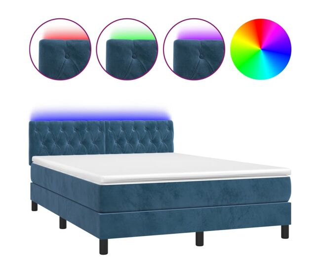 Cama box spring colchón y led terciopelo azul oscuro 140x190 cm diseño de botones