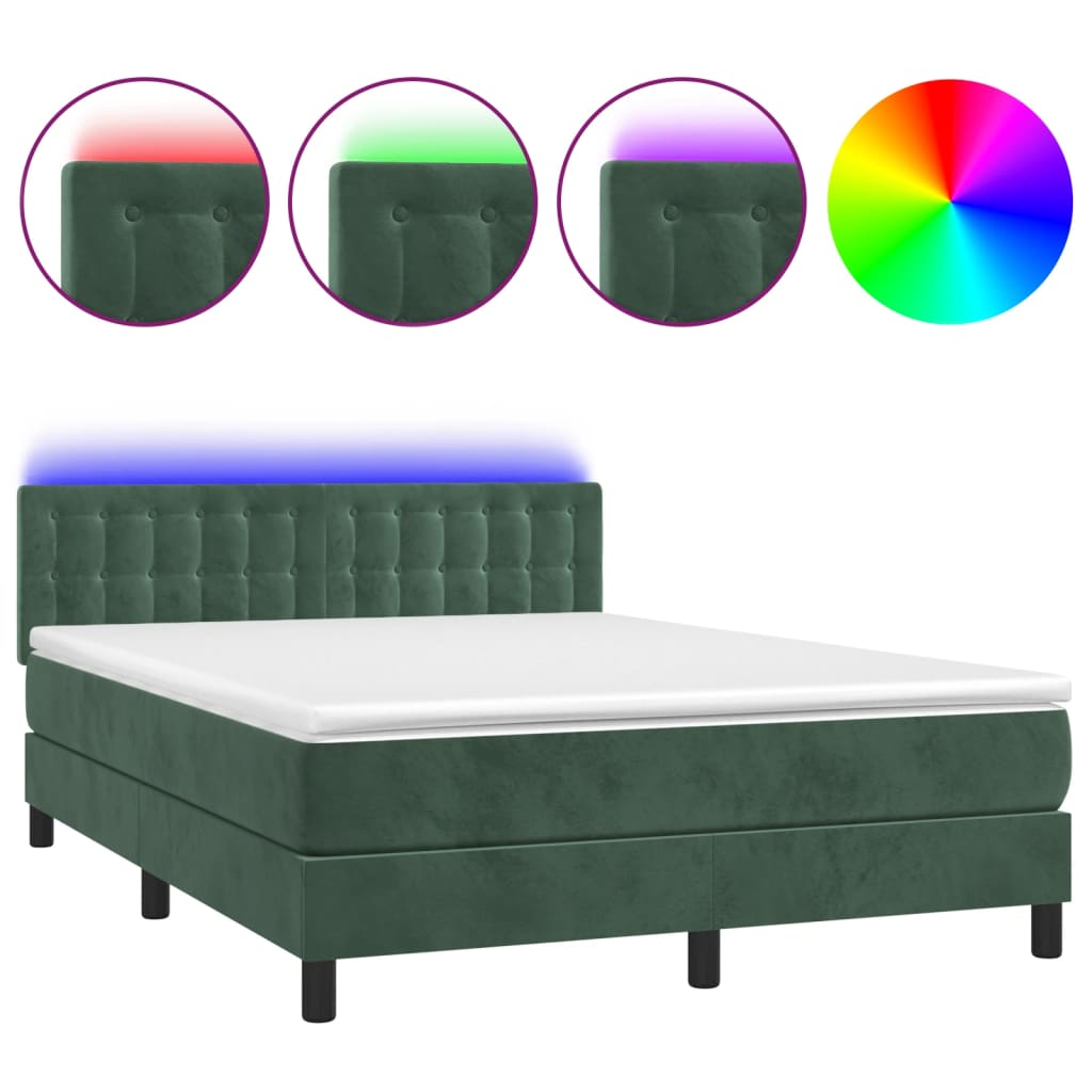Cama box spring colchón y led terciopelo verde oscuro 140x200cm botones