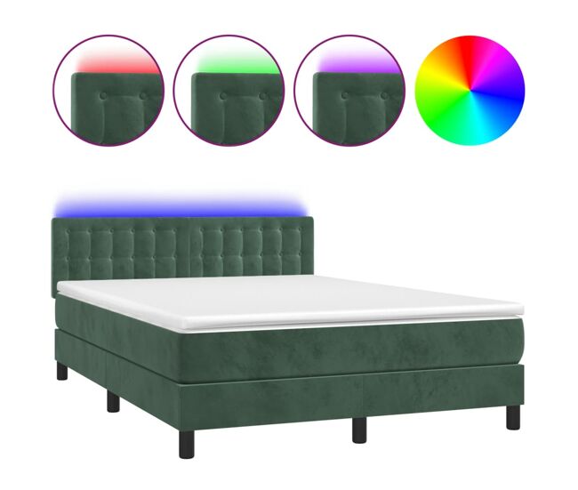 Cama box spring colchón y led terciopelo verde oscuro 140x200cm botones