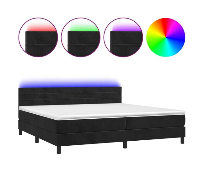 Cama box spring colchón y led terciopelo negro 200x200 cm rayas horizontales