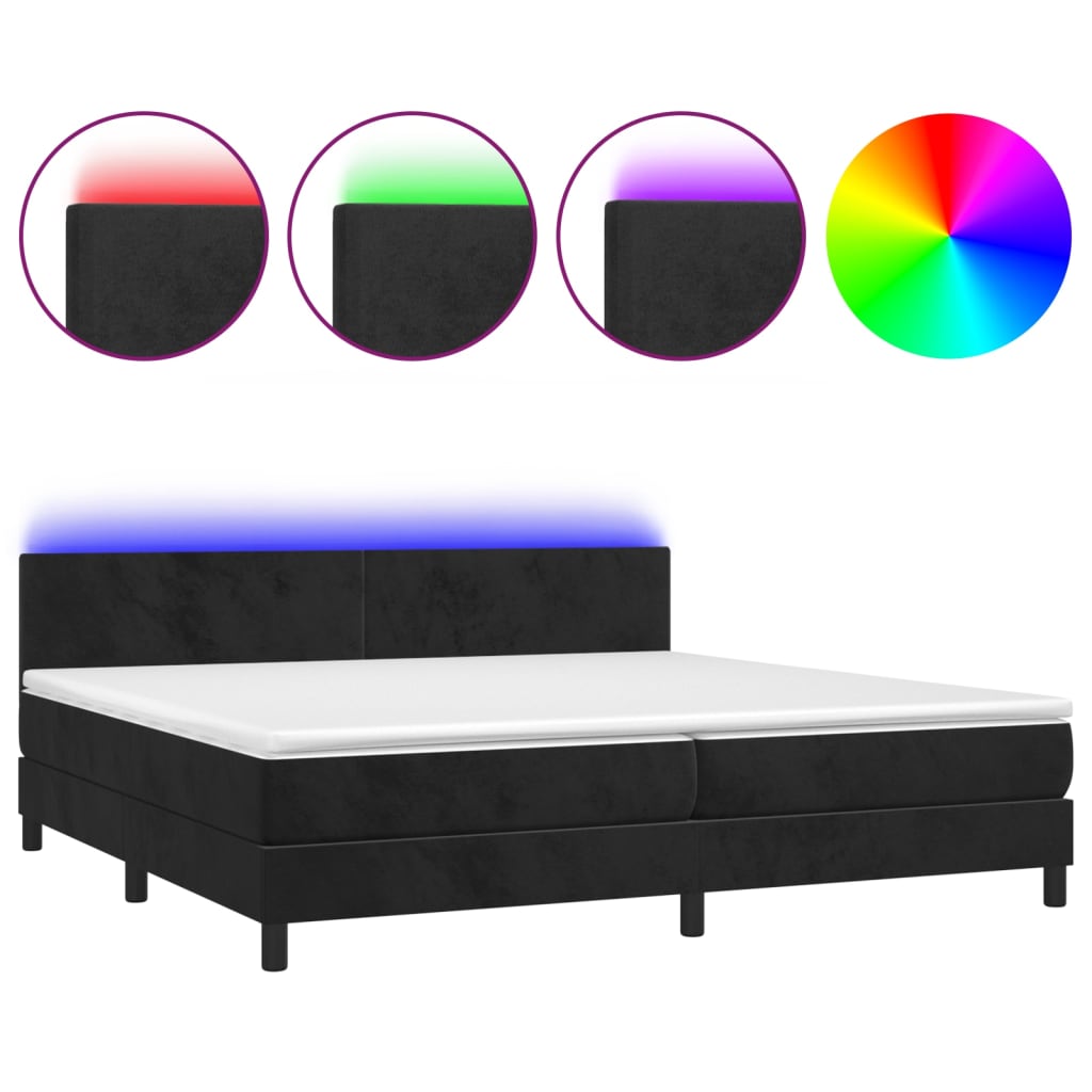 Cama box spring colchón y led terciopelo negro 200x200 cm diseño plano