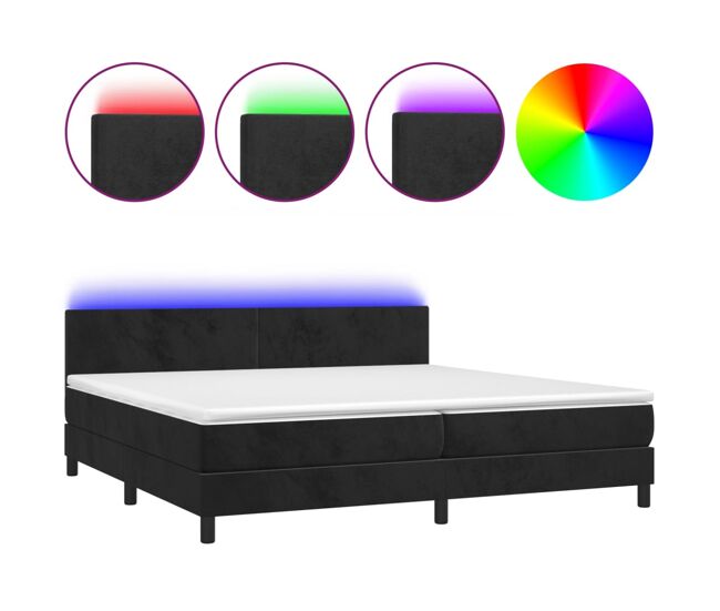 Cama box spring colchón y led terciopelo negro 200x200 cm diseño plano