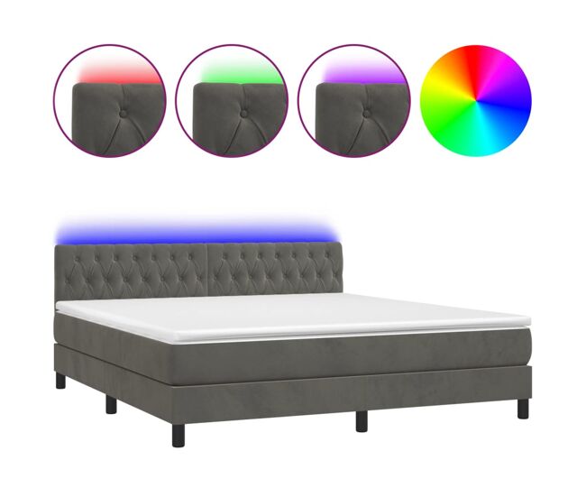 Cama box spring colchón y led terciopelo gris oscuro 160x200 cm diseño de botones